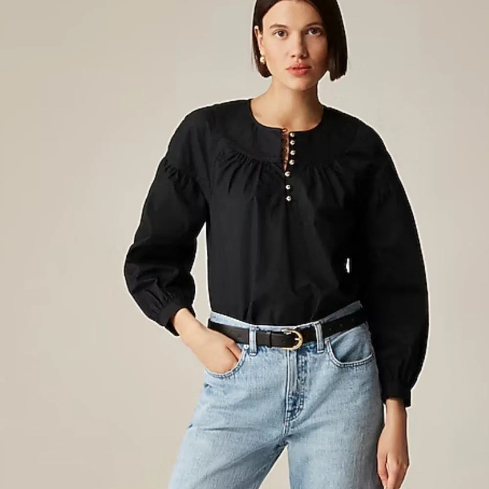 J crew black Shirred popover top in cotton poplin